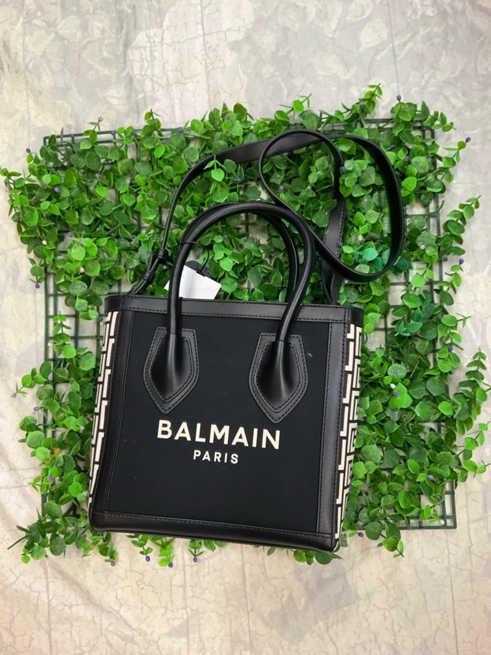 Balmain Black Logo Canvas Tote with Patterned Sides